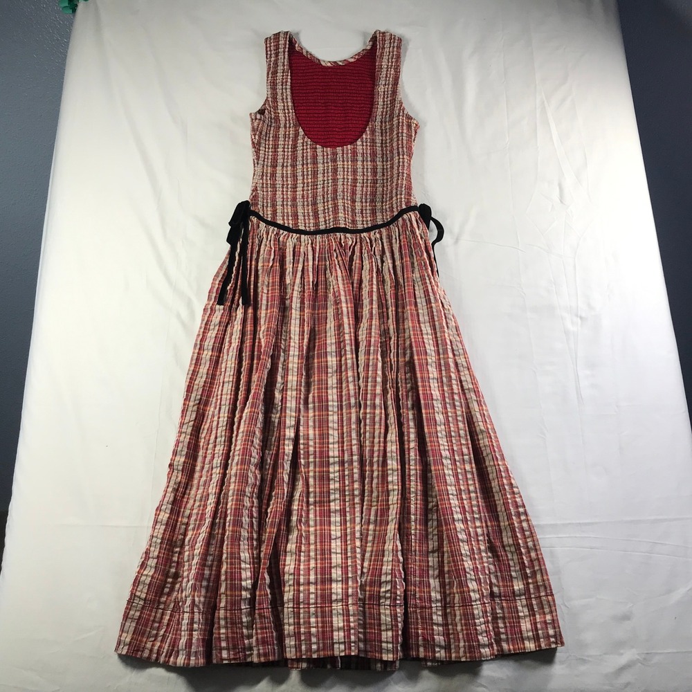 Free People Red Plaid Smocked Nightingale Dress Sleeveless Velvet Tie Medium M - Picture 7 of 7